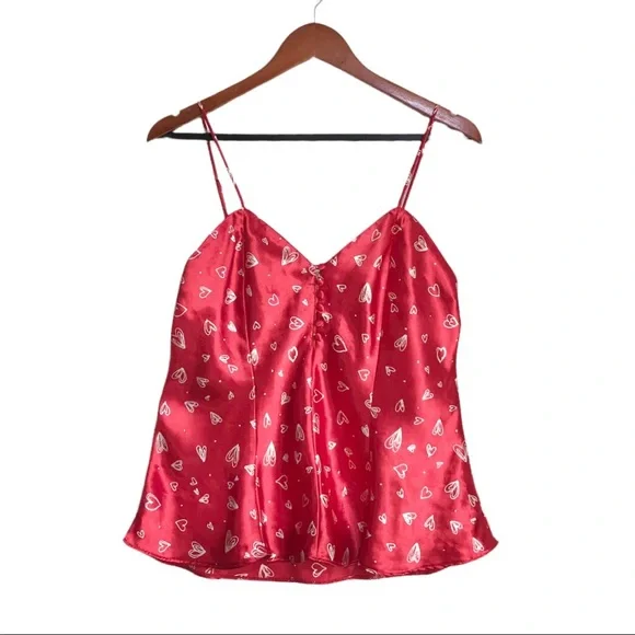 VTG 90's Y2K Kathryn Red & White Heart Print Satin Sweetheart Neck Crop Cami Top - Picture 2 of 6